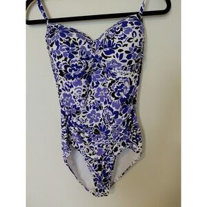 Liz Claiborne Blue White Floral One Piece Swimsuit Size 12 Built-In BraLined $89